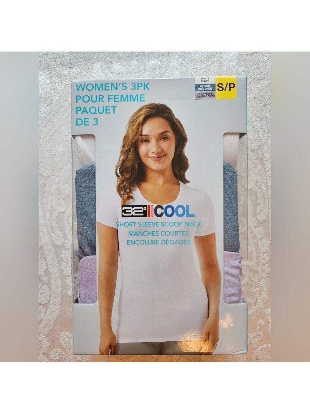 32 Degrees Cool Quick Dry T-Shirt, White, Lavender and Blue, Small, New in Box